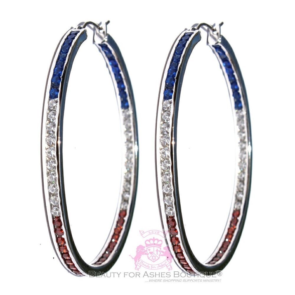 USA American Flag Independence Day 4th of July Patriotic Blue Red White Cz Hoops